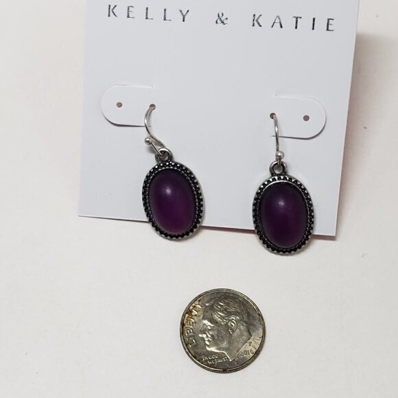 Women's Silver tone Dainty Design Purple Stone Oval Fishhook Teardrop Earrings - Picture 6 of 6